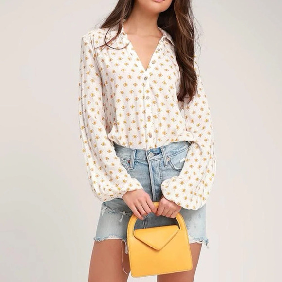 Free People Pants - Free People Willow Yellow Print Long Sleeve Button-Up Bodysuit (Small)